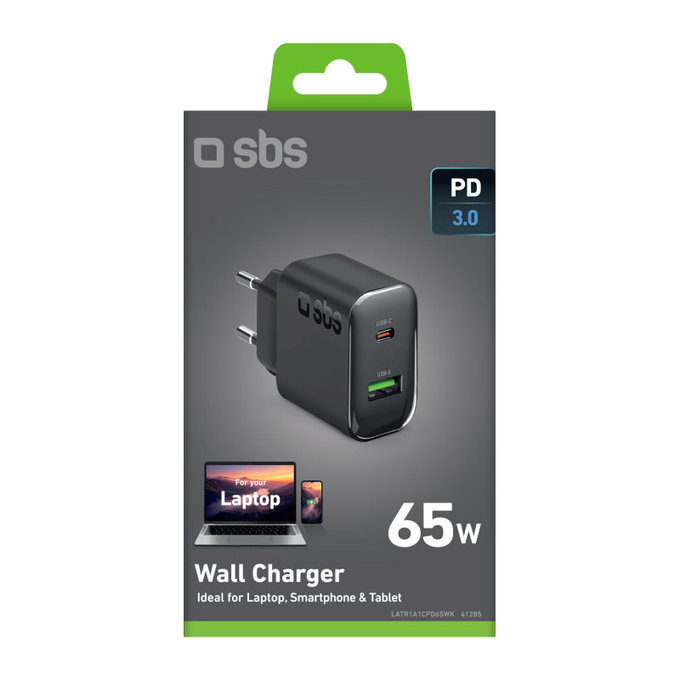 Ταξιδιωτικός αντάπτορας USB-A/USB-C, GaN, 65 W PD, μαύρο, SBS