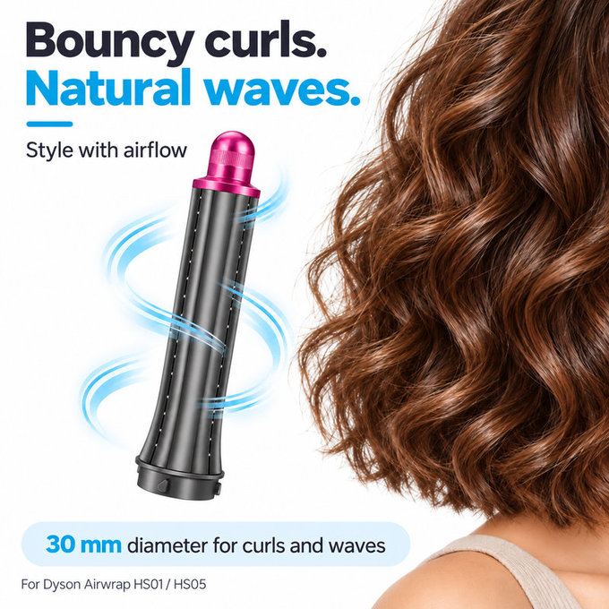 Κοντό εξάρτημα για μπούκλες για Dyson Airwrap HS01, HS05, 30 mm, Nickel / Fuchsia