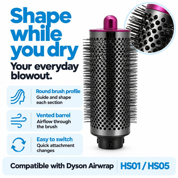 Μεγάλη στρογγυλή βούρτσα όγκου για Dyson Airwrap HS01, HS05, Iron / Fuchsia