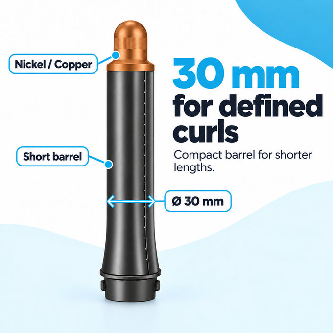 Κοντό εξάρτημα για μπούκλες για Dyson Airwrap HS01, HS05, 30 mm, Nickel / Copper