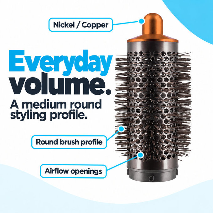 Μεσαία στρογγυλή βούρτσα όγκου για Dyson Airwrap HS01, HS05, Nickel / Copper