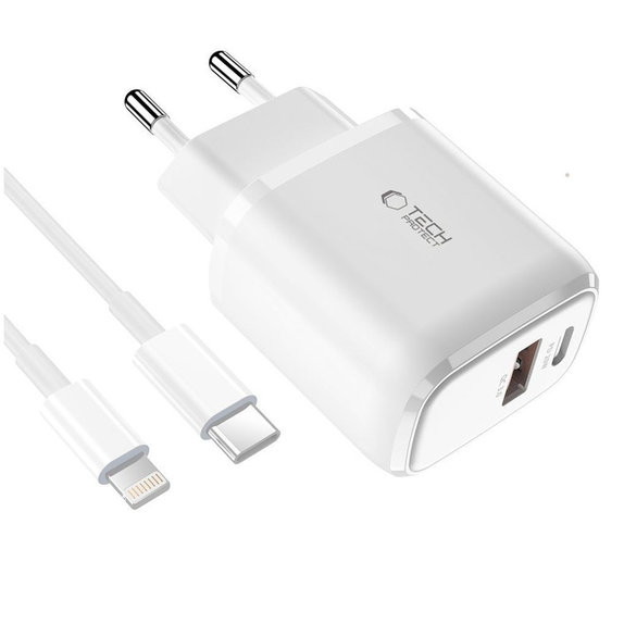 Φορτιστής δικτύου C20W 2-PORT PD 20W / QC3.0 + Lightning Cable, λευκή, Tech-Protect