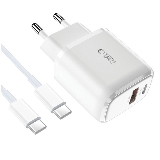 Φορτιστής δικτύου C20W 2-PORT PD 20W / QC3.0 + USB-C Cable, λευκή, Tech-Protect