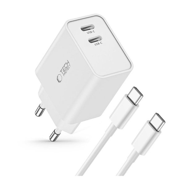 Φορτιστής δικτύου C35W 2-PORT PD 35W + USB-C Cable, λευκή, Tech-Protect