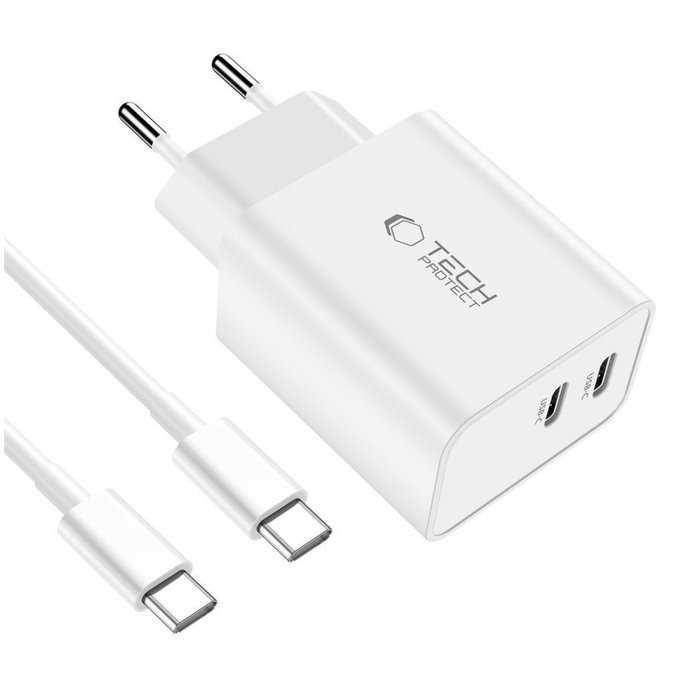 Φορτιστής δικτύου C35W 2-PORT PD 35W + USB-C Cable, λευκή, Tech-Protect