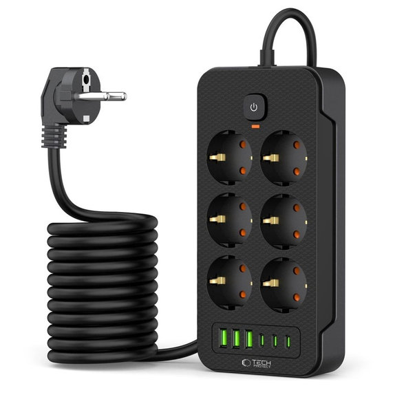 Φορτιστής δικτύου PC6X6 Power Strip 3 USB & 3 USB-C & 6 Socket 200cm, μαύρη, Tech-Protect