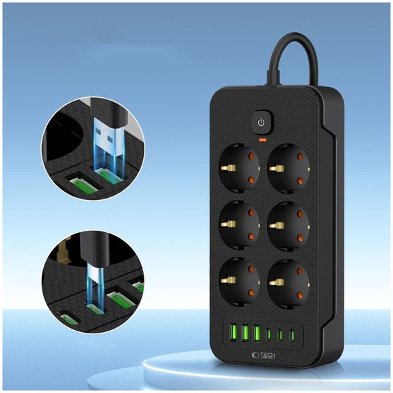 Φορτιστής δικτύου PC6X6 Power Strip 3 USB & 3 USB-C & 6 Socket 200cm, μαύρη, Tech-Protect
