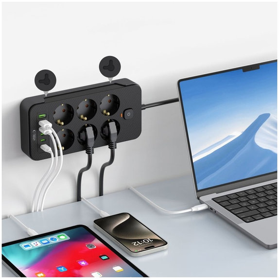 Φορτιστής δικτύου PC6X6 Power Strip 3 USB & 3 USB-C & 6 Socket 200cm, μαύρη, Tech-Protect