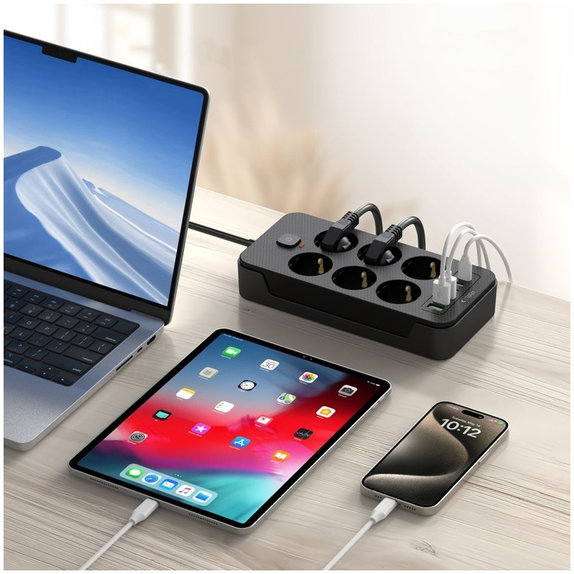 Φορτιστής δικτύου PC6X6 Power Strip 3 USB & 3 USB-C & 6 Socket 200cm, μαύρη, Tech-Protect