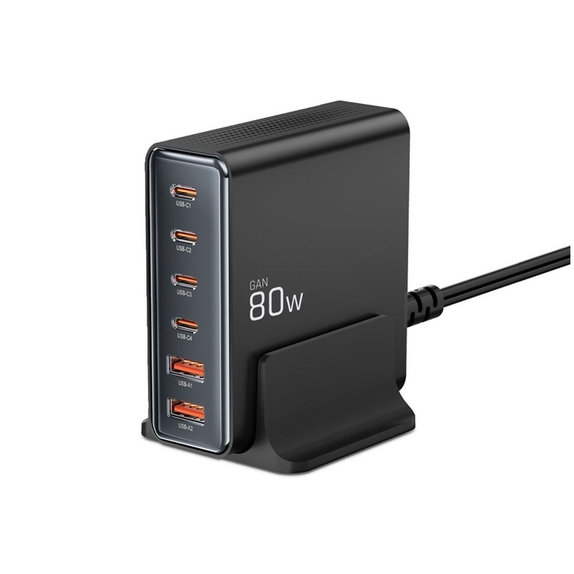 Φορτιστής δικτύου DC80W-GAN 6-PORT PD 80W / QC3.0, μαύρη, Tech-Protect