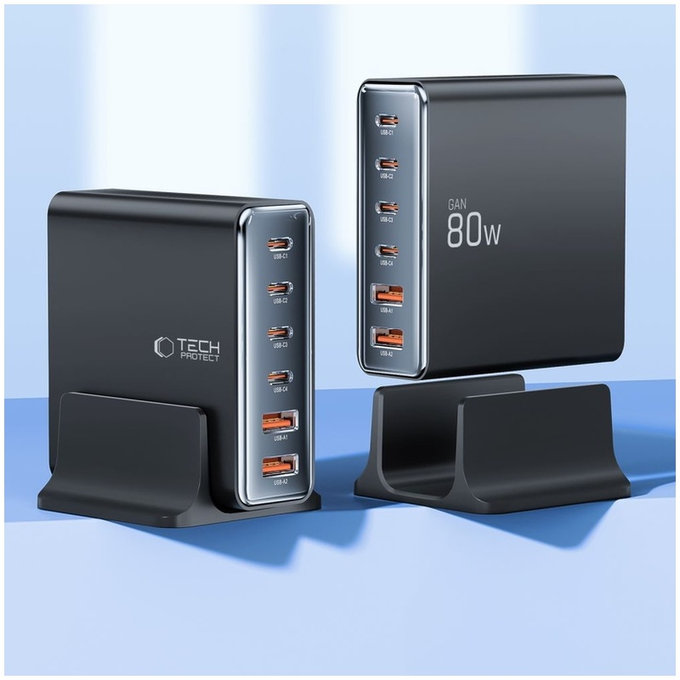 Φορτιστής δικτύου DC80W-GAN 6-PORT PD 80W / QC3.0, μαύρη, Tech-Protect