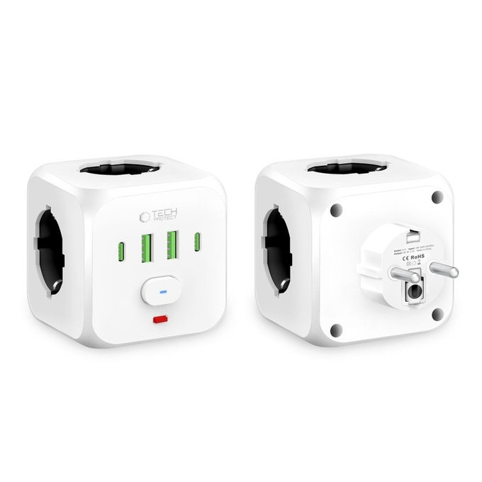 Φορτιστής δικτύου PCL3X4 Power Socket 2 USB & 2 USB-C & 3 Socket, λευκή, Tech-Protect