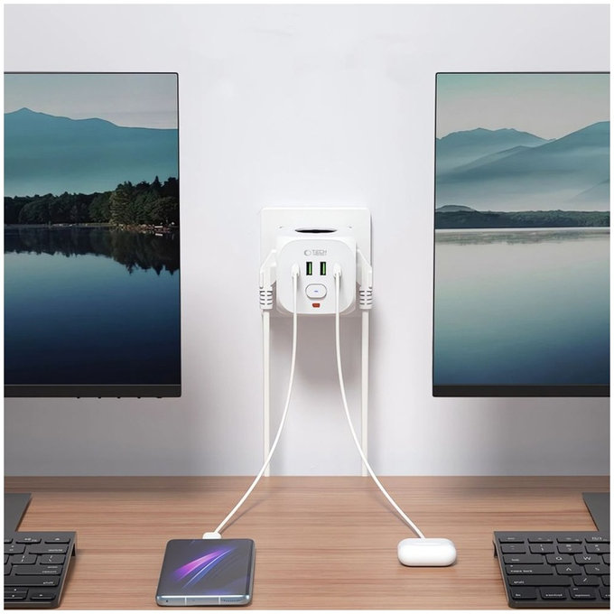 Φορτιστής δικτύου PCL3X4 Power Socket 2 USB & 2 USB-C & 3 Socket, λευκή, Tech-Protect