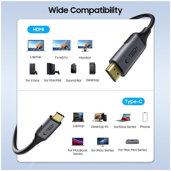 Καλώδιο Ultraboost Cable USB-C / HDMI 2.0 4K 60Hz 180cm, μαύρη, Tech-Protect