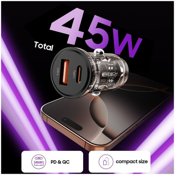 Φορτιστής αυτοκινήτου CC01 2-PORT PD 45W / QC3.0, μαύρη, Tech-Protect
