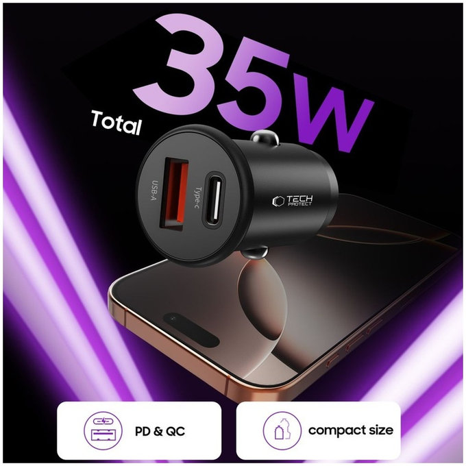 Φορτιστής αυτοκινήτου CC02 2-PORT PD 35W / QC3.0, μαύρη, Tech-Protect