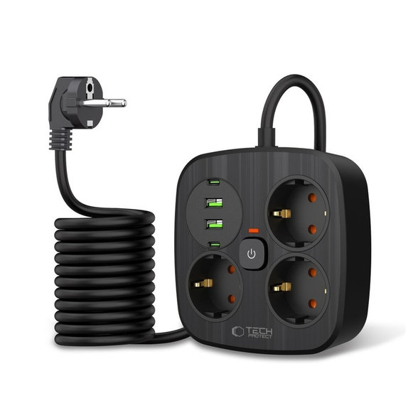 Φορτιστής δικτύου PCS3X4 Power Strip 2 USB & 2 USB-C & 3 Socket 200cm, μαύρη, Tech-Protect