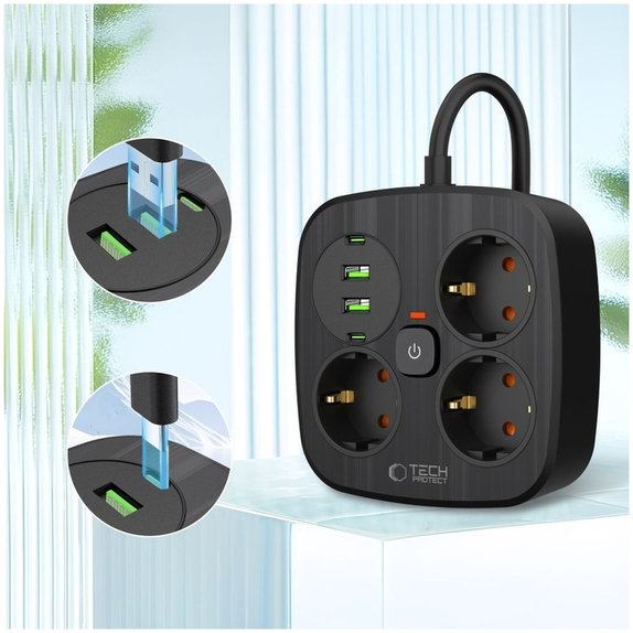 Φορτιστής δικτύου PCS3X4 Power Strip 2 USB & 2 USB-C & 3 Socket 200cm, μαύρη, Tech-Protect