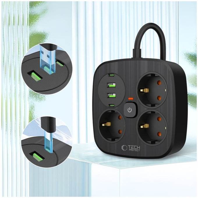 Φορτιστής δικτύου PCS3X4 Power Strip 2 USB & 2 USB-C & 3 Socket 200cm, μαύρη, Tech-Protect