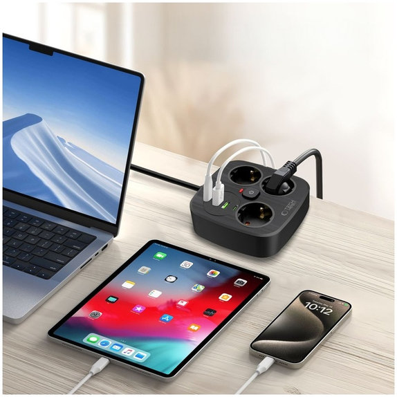 Φορτιστής δικτύου PCS3X4 Power Strip 2 USB & 2 USB-C & 3 Socket 200cm, μαύρη, Tech-Protect