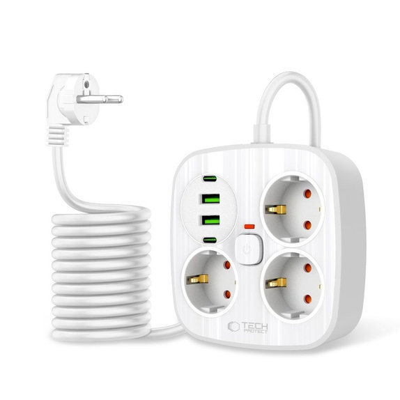 Φορτιστής δικτύου PCS3X4 Power Strip 2 USB & 2 USB-C & 3 Socket 200cm, λευκή, Tech-Protect