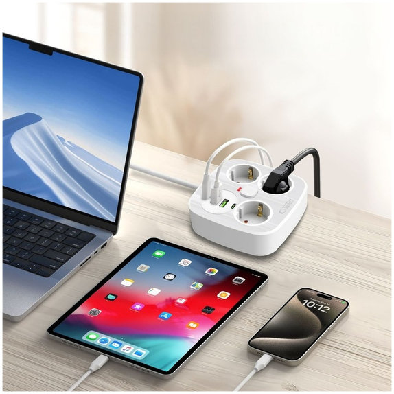 Φορτιστής δικτύου PCS3X4 Power Strip 2 USB & 2 USB-C & 3 Socket 200cm, λευκή, Tech-Protect