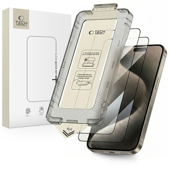 Σκληρυμένο γυαλί Quick Set+ 2-PACK για iPhone 15 Pro, μαύρη, Tech-Protect