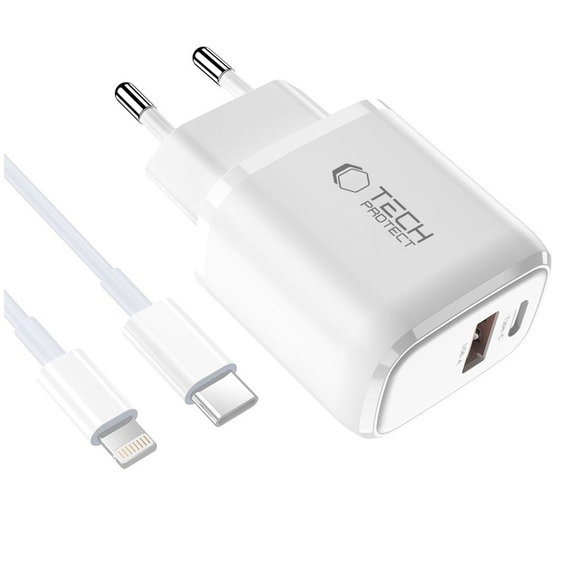 Φορτιστής δικτύου NCA20 2-PORT PD 20W / QC3.0 + Lightning Cable, λευκή, Tech-Protect