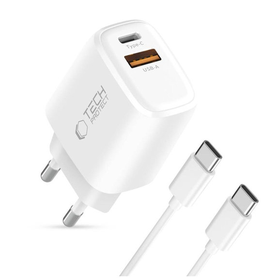 Φορτιστής δικτύου NCA20 2-PORT PD 20W / QC3.0 + USB-C Cable, λευκή, Tech-Protect