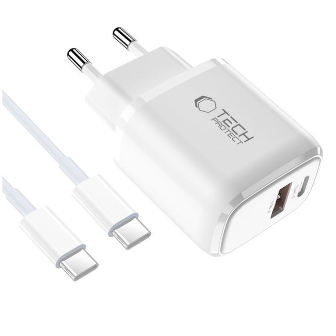 Φορτιστής δικτύου NCA20 2-PORT PD 20W / QC3.0 + USB-C Cable, λευκή, Tech-Protect
