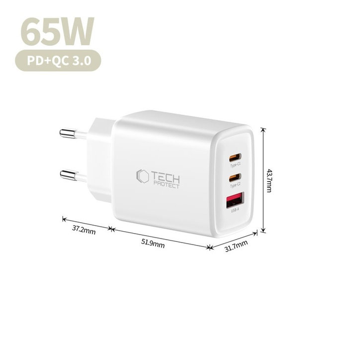 Φορτιστής δικτύου NCA65W-GAN 3-PORT PD 65W / QC3.0, λευκή, Tech-Protect