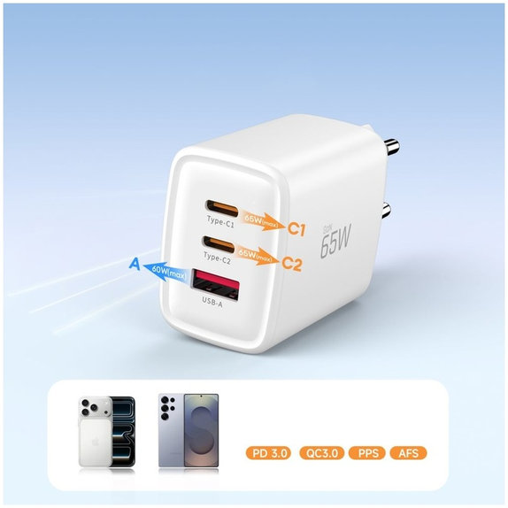 Φορτιστής δικτύου NCA65W-GAN 3-PORT PD 65W / QC3.0, λευκή, Tech-Protect