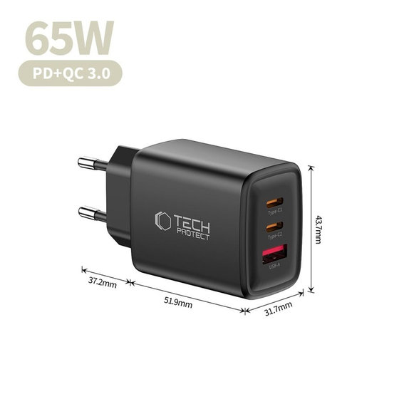 Φορτιστής δικτύου NCA65W-GAN 3-PORT PD 65W / QC3.0, μαύρη, Tech-Protect