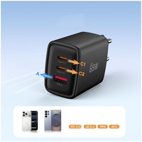 Φορτιστής δικτύου NCA65W-GAN 3-PORT PD 65W / QC3.0, μαύρη, Tech-Protect