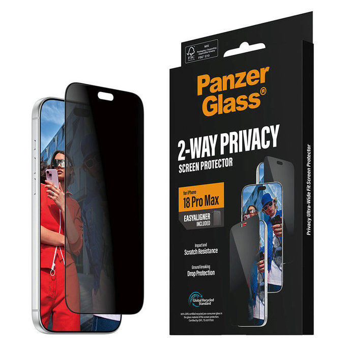 Προστατευτικό γυαλί UWF 2-Way Privacy με εφαρμογέα για iPhone 18 Pro Max, Μαύρο, PanzerGlass