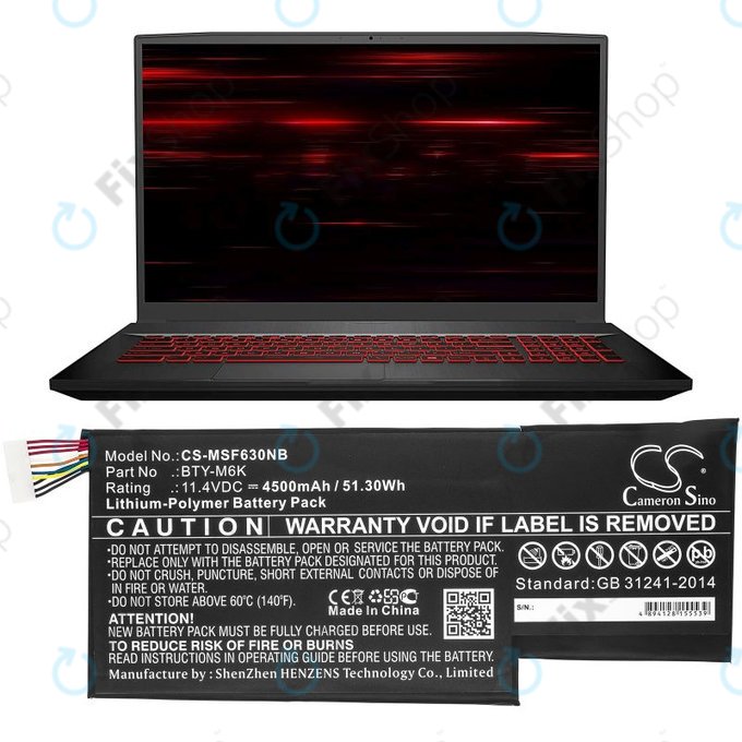 Μπαταρία για MSI GF63, MSI GF75, MSI GS63, 4500mAh, Li-Pol, 11.4V, BTY-M6K, HQ