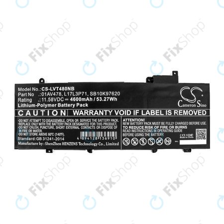 Μπαταρία για Lenovo ThinkPad T480S, 4600mAh, Li-Pol, 11.58V, 01AV478, HQ