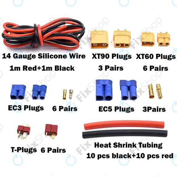 Σετ Συνδέσμων Μπαταρίας (T-plug, EC3, XT60, Καλώδιο Σιλικόνης & Θερμοαναδιπλούμενο) για Amass