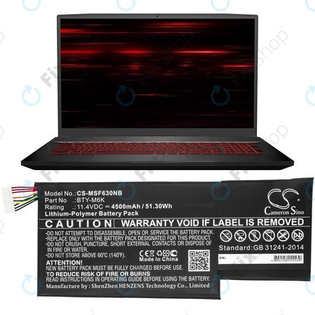 Μπαταρία για MSI GF63, MSI GF75, MSI GS63, 4500mAh, Li-Pol, 11.4V, BTY-M6K, HQ
