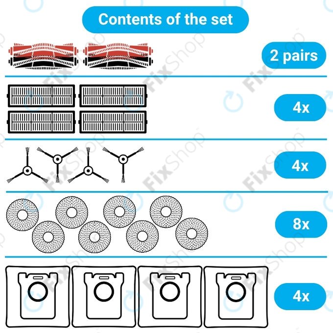 Σετ ανταλλακτικών για Dreame X50 Ultra, L50 Ultra, L40s Ultra, L40s Pro Ultra, X50 Master, Mova V50 (2 ζεύγη κύριων βουρτσών, 4x Φίλτρο, 4x Πλαϊνή Βούρτσα, 8x Πανί Σφουγγαρίστρας, 4x Σακούλα σκόνης)