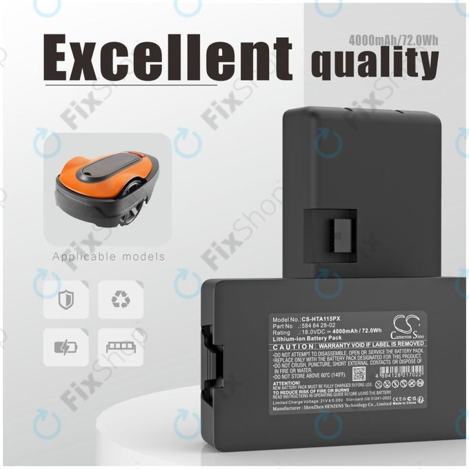Μπαταρία για Flymo Easilife 200, Gardena Automower 310, Husqvarna Automower 315X, 4000mAh, Li-Ion, 18.0V, 584 84 28-02, HQ