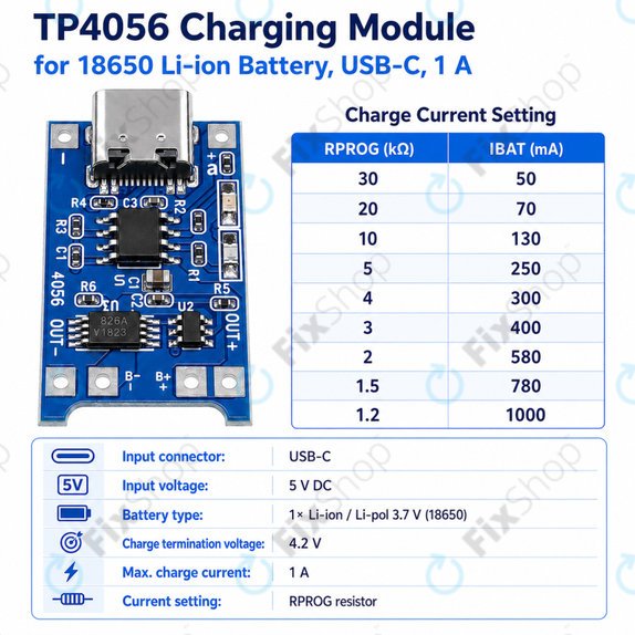 Μονάδα φόρτισης TP4056 για μπαταρία Li-ion 18650, USB-C, 1 A