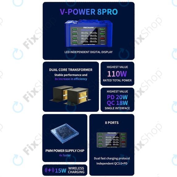 Σταθμός Φόρτισης USB με USB-C, USB 3.0 για Mechanic V-Power 8 Pro