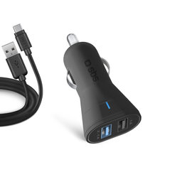Φορτιστής Αυτοκινήτου 2x USB + Καλώδιο USB / USB-C | Μαύρος | SBS