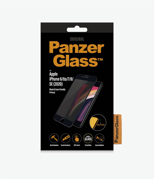 Σκληρυμένο γυαλί για iPhone 6, 6s, 7, 8, SE 2020, SE 2022, Privacy Case Friendly, Μαύρο, Black, PanzerGlass