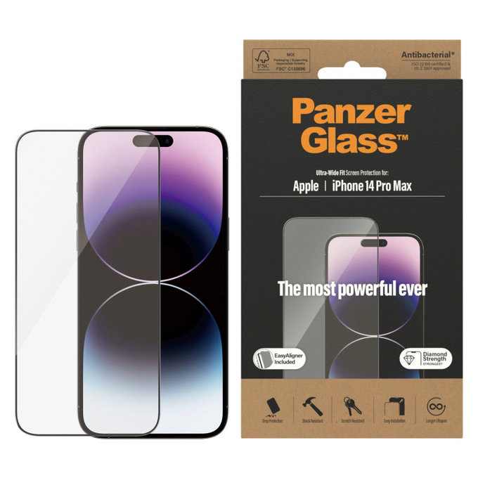 Προστατευτικό γυαλί UWF AB με εφαρμογέα για iPhone 14 Pro Max, Μαύρο, PanzerGlass