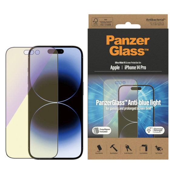 Προστατευτικό γυαλί UWF Anti-Bluelight AB με εφαρμογέα για iPhone 14 Pro, Μαύρο, PanzerGlass