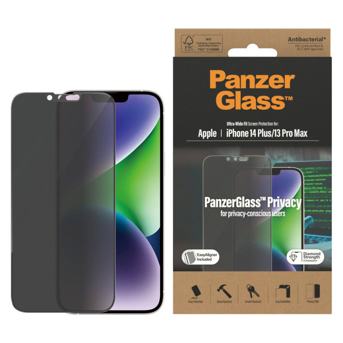 Προστατευτικό γυαλί UWF Privacy AB με εφαρμογέα για iPhone 14 Plus/13 Pro Max, Μαύρο, PanzerGlass
