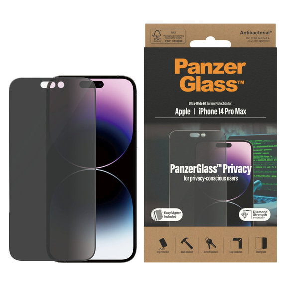 Προστατευτικό γυαλί UWF Privacy AB με εφαρμογέα για iPhone 14 Pro Max, Μαύρο, PanzerGlass