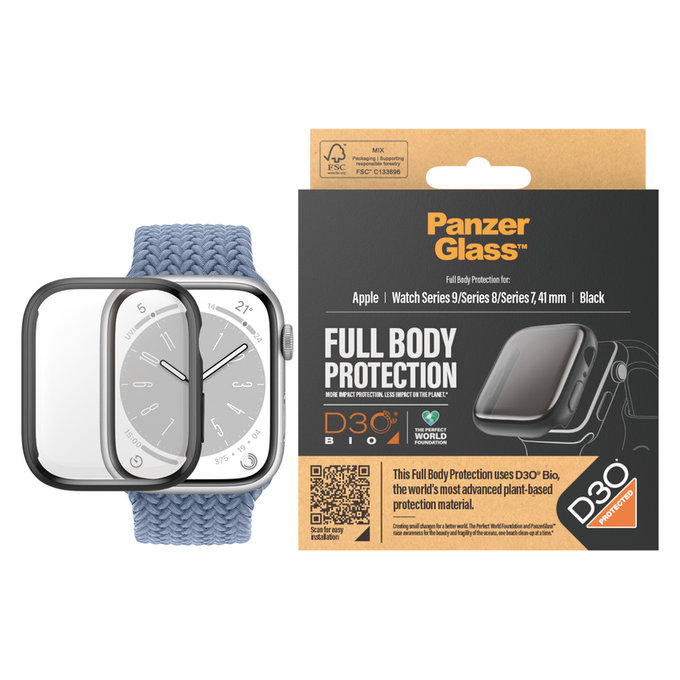 Σκληρυμένο γυαλί Full Body D3O για Apple Watch 9/8/7 41 mm, Μαύρο, PanzerGlass